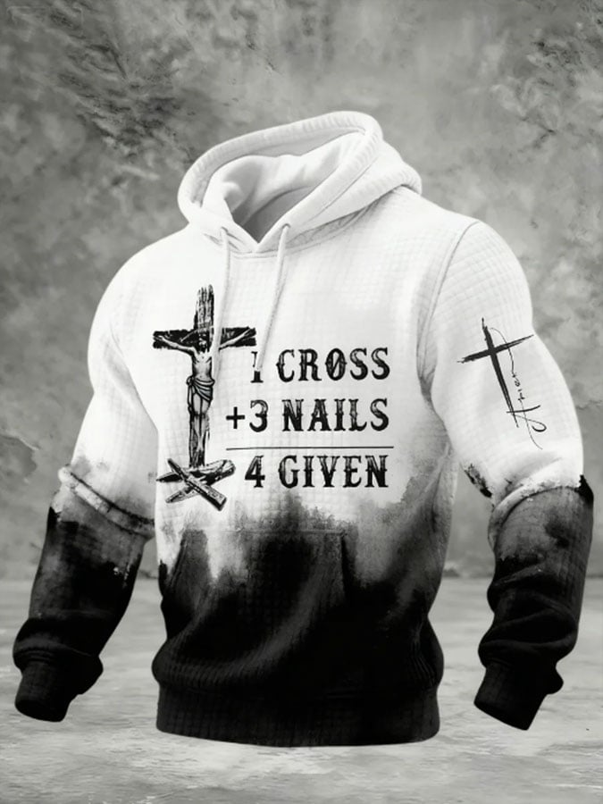 Men's Faith Print Checkered Fabric Hooded Sweatshirt
