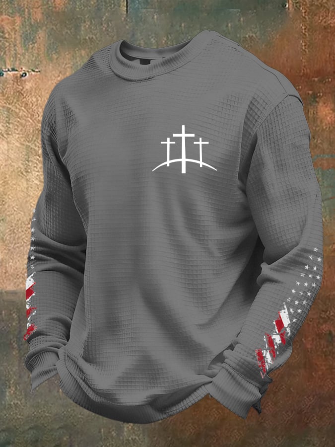 Men's Retro Faith Design Printed Waffle Fabric Long Sleeve T-Shirt