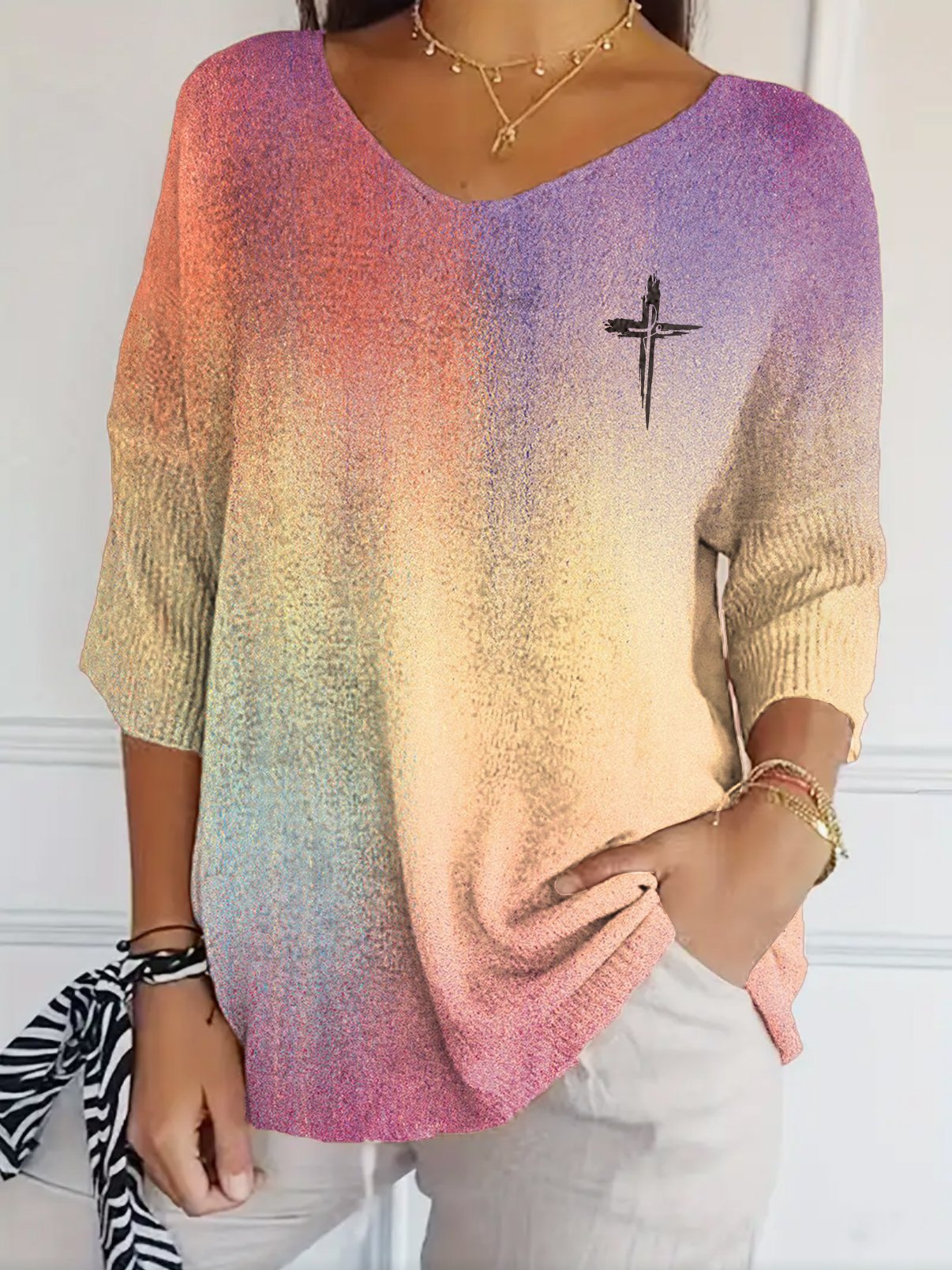Women's Faith Color Gradient Long Striped Top