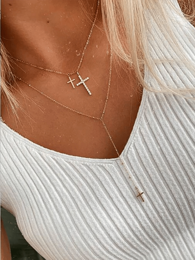 Stacked Multi-Layer Design Necklace With Rhinestone Cross