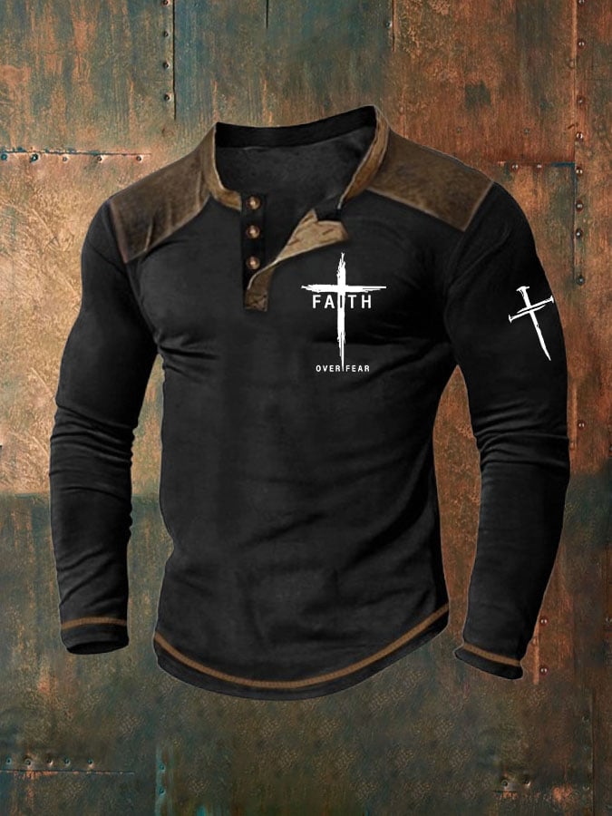 Men's Faith Over Fear Cross Printed Henley Collar Shirt
