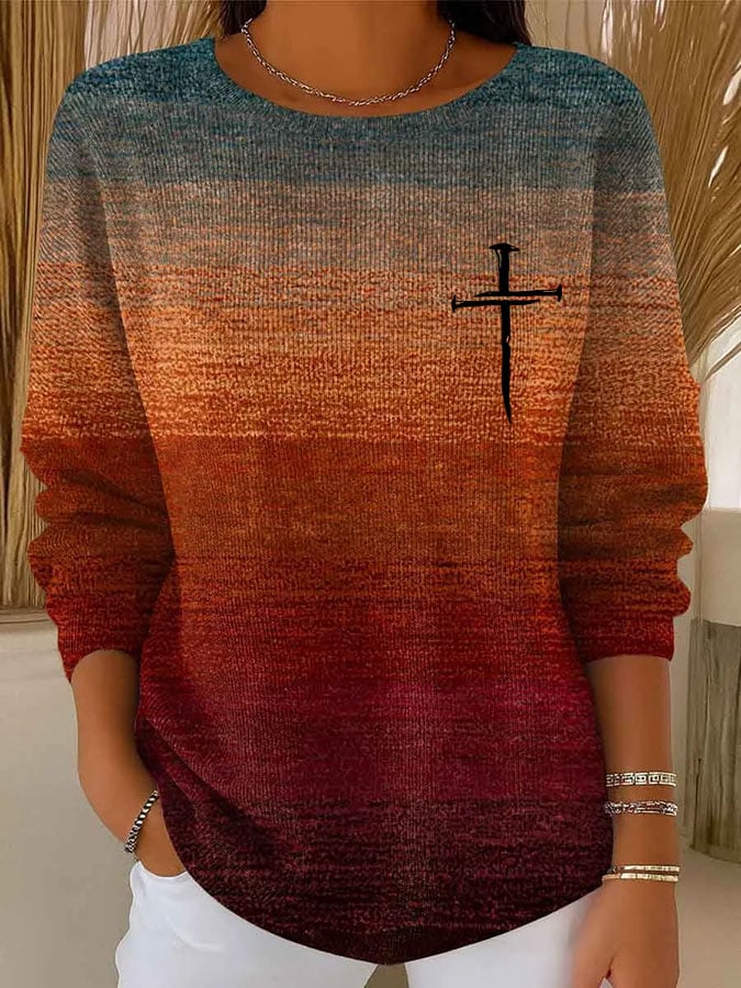 Women's Casual Faith Cross Gradient Textured Top