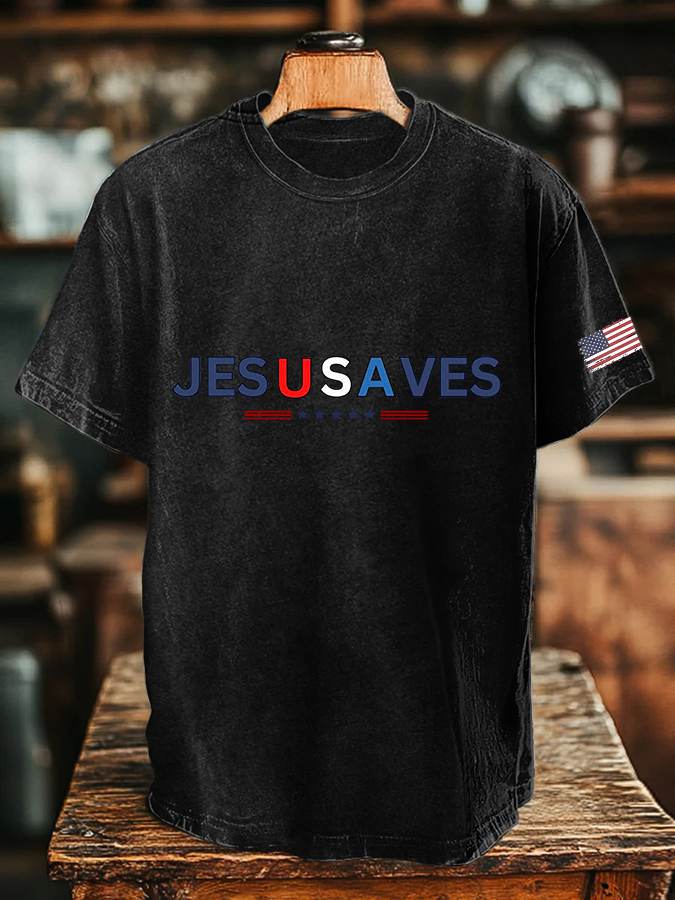 🔥Buy 3 Get 15% Off🔥Men's Vintage USA Jesus Saves Printed Round Neck T-Shirt