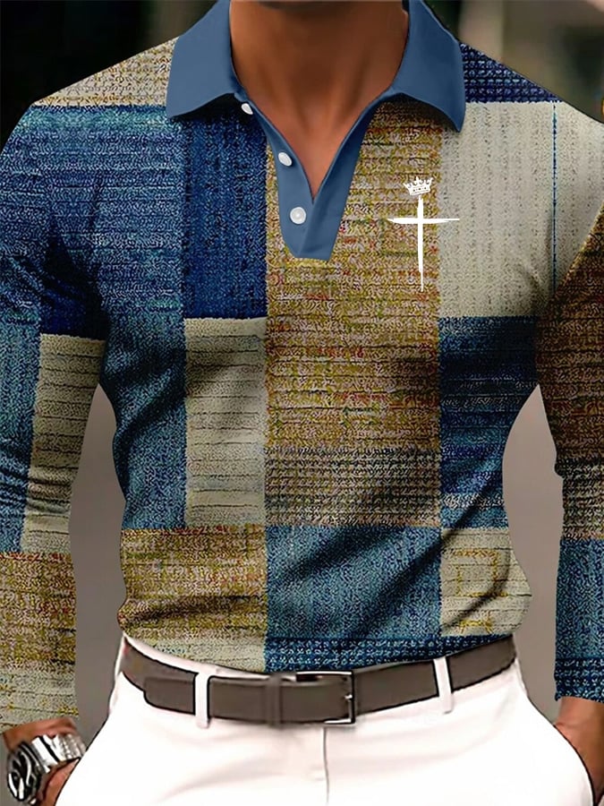 🔥Buy 3 Get 15% Off🔥Men's Retro Geometric Faith Cross Print Long Sleeve Polo Shirt