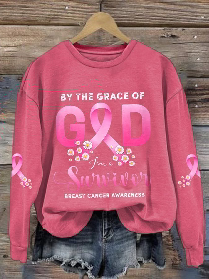 Retro Breast Cancer Awareness Pink Ribbon By The Grace Of God I'm A Survivor Print Sweatshirt
