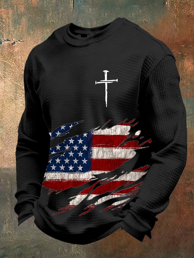 Men's Retro Faith Design Printed Waffle Fabric Long Sleeve T-Shirt