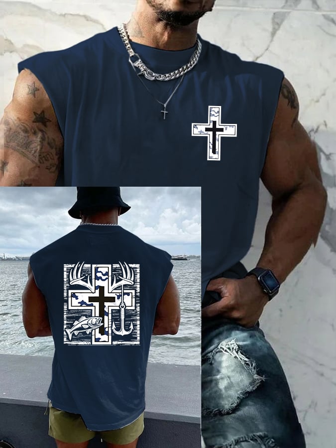 Men's Retro Faith Fishing Hunting Print Round Neck Tank Top