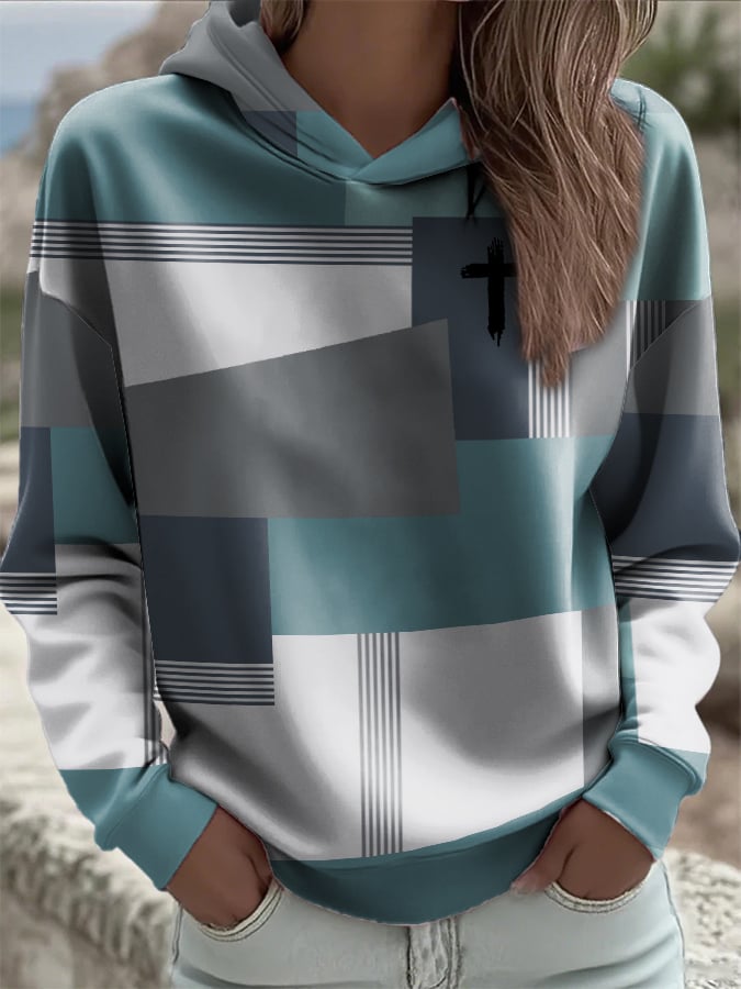 Women's Casual Retro Color Block Faith Hoodie