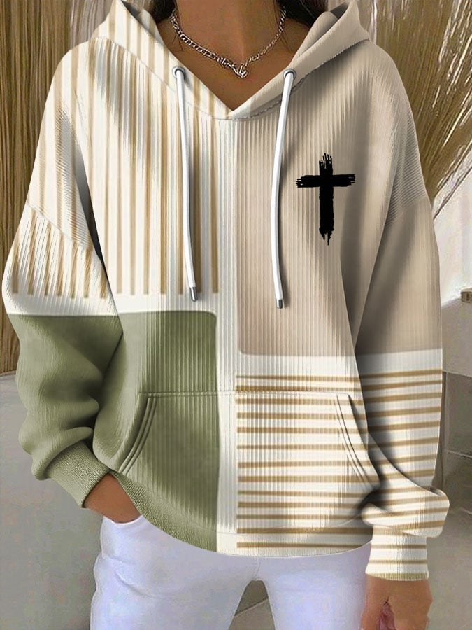 Women's Faith Cross Contrast Patchwork Print Casual Hooded Sweatshirt
