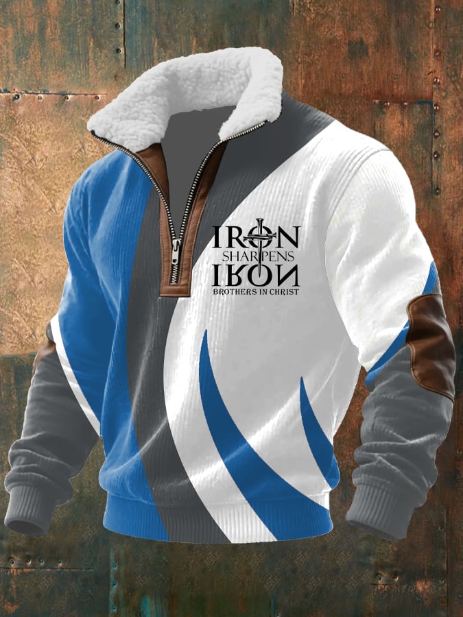 Men's Vintage Faith Design Printed Knit Fabric Zipper Fur Collar Long Sleeve Sweatshirt