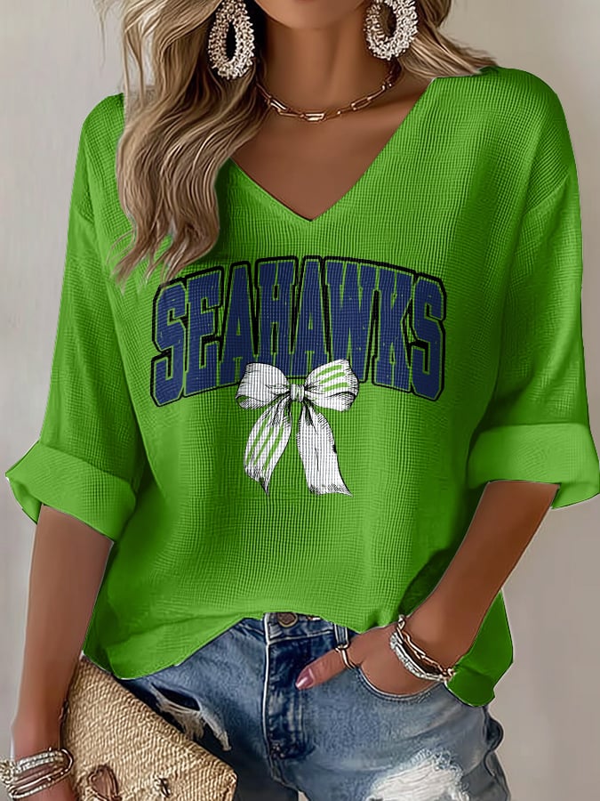 Women's Rugby Print Waffle Long Sleeve T-Shirt
