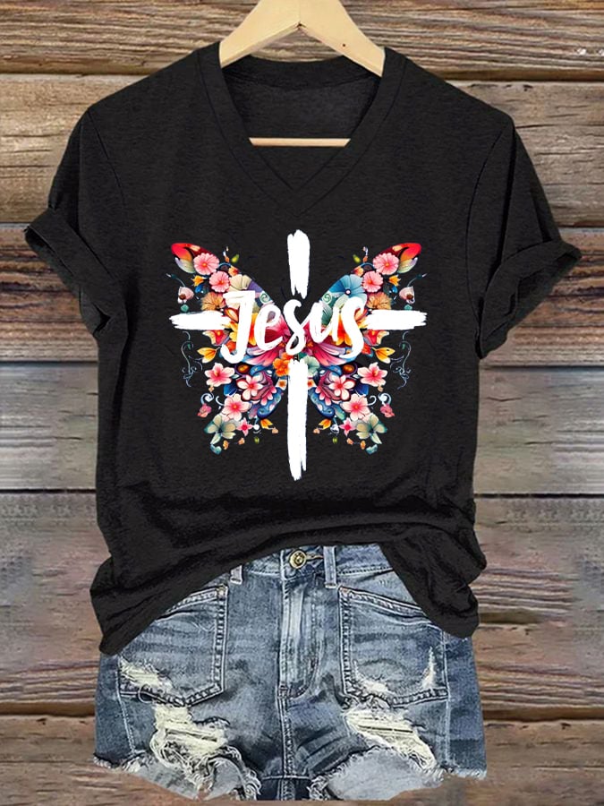 Women's Jesus Butterfly Cross Print Short Sleeve T-Shirt