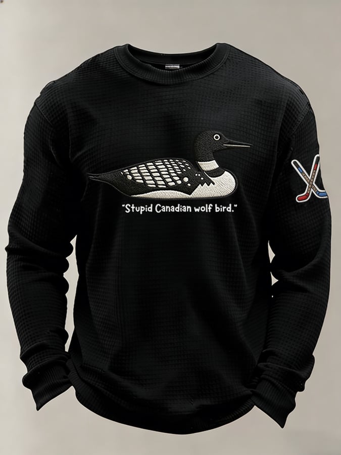Men's Stupid Canadian wolf bird Print Long-Sleeved T-Shirt