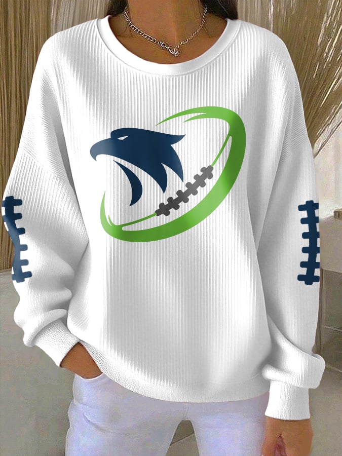 Women's Rugby Print Knit Crew Neck Long Sleeve Top