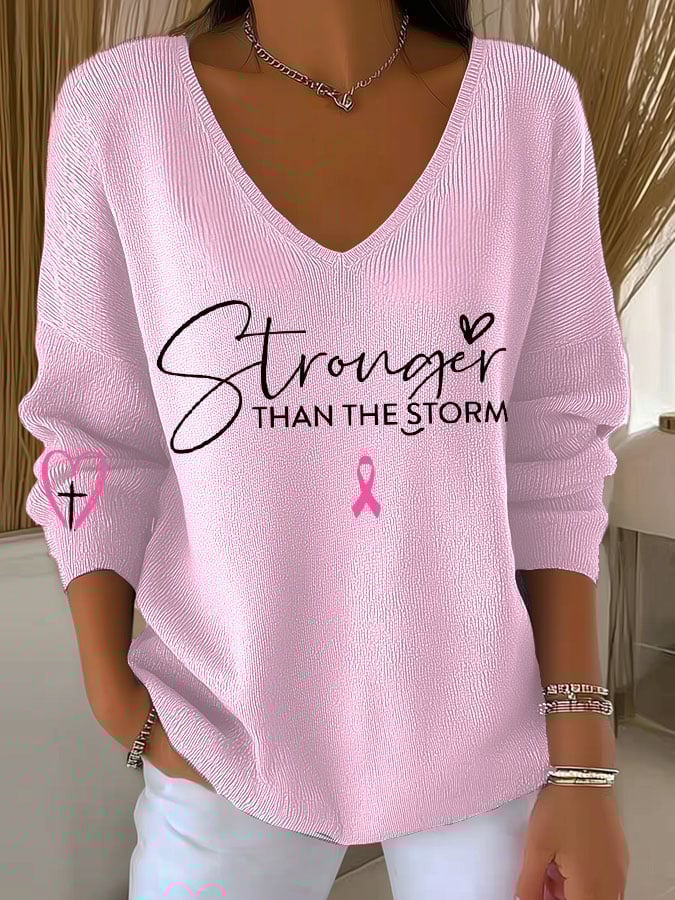 Women's Breast Cancer Awareness Stronger than the storm Print Long Sleeve T-Shirt