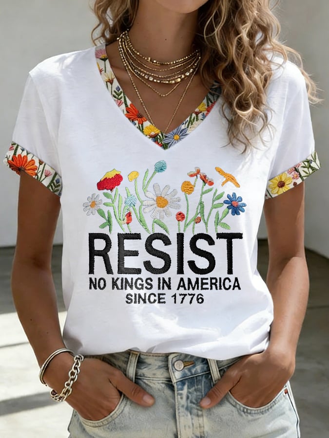🔥Buy 3 Get 15% Off🔥V-Neck Retro Resist No Kings In America Since 1776 Print T-Shirt