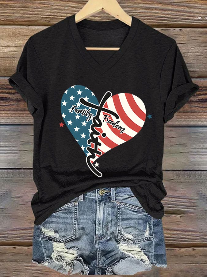 Women's Casual Faith Pattern Printed V-Neck Short Sleeve T-Shirt