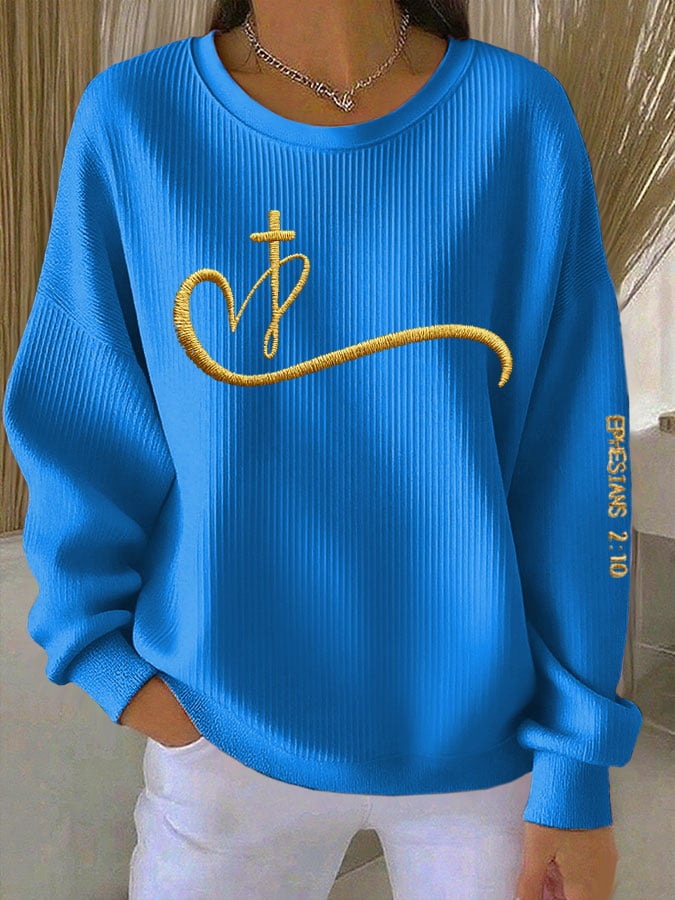 Women's Faith Print Knitted Crew Neck Long Sleeve Top