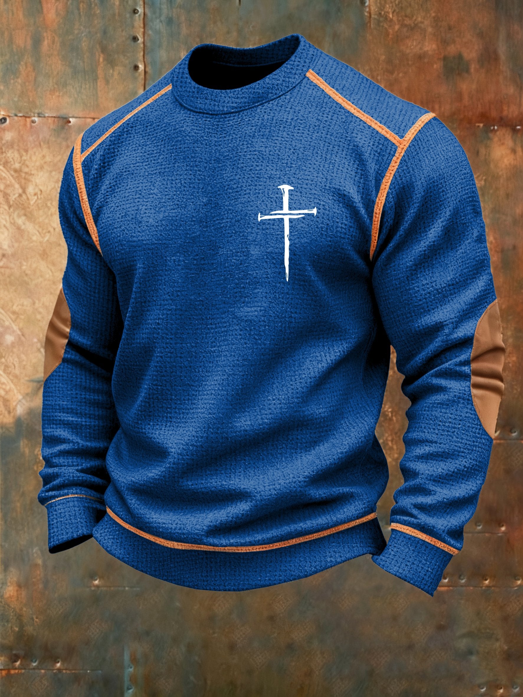 Men's Vintage Faith Cross Print Waffle Crew Neck Sweatshirt