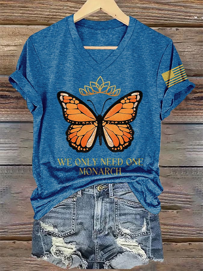 🔥Buy 3 Get 15% Off🔥V-Neck Retro No Kings We Only Need One Monarch Butterfly Print T-Shirt