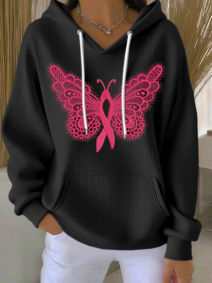 Women's Casual Pink Butterfly Ribbon Textured Hoodie