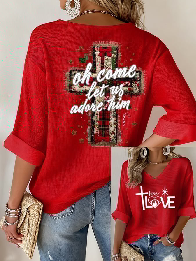 Women's Christmas waffle long-sleeved T-shirt
