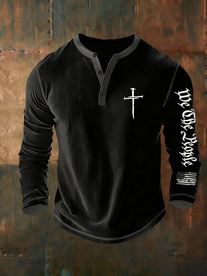 Men's Flag Cross Print Henley Collar Shirt