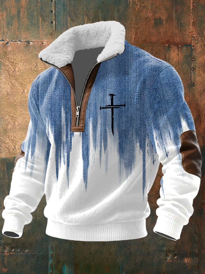 Men's Faith Print Zipper Fur Collar Long-Sleeve Sweatshirt