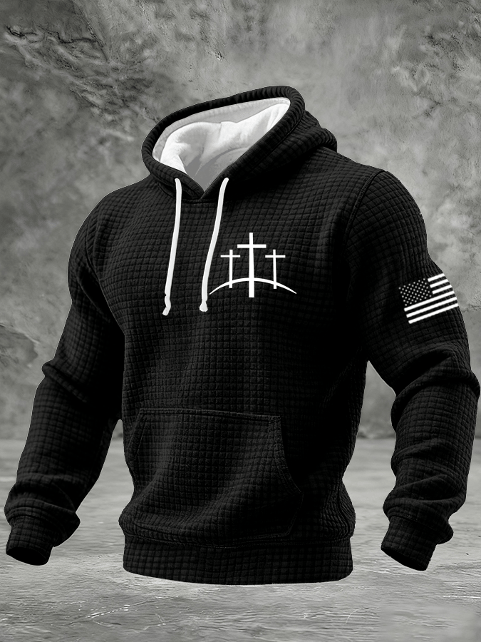 Men's Faith Print Checkered Fabric Hooded Sweatshirt