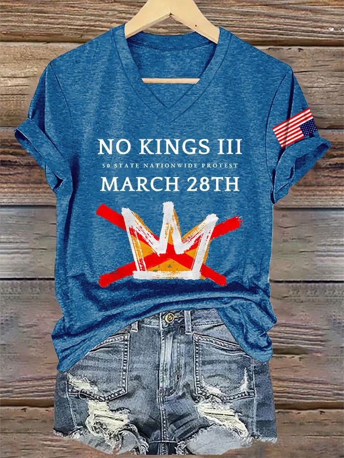 🔥Buy 3 Get 15% Off🔥V-Neck Retro No Kings III 50 State Nationwide Protest March 28th Print T-Shirt