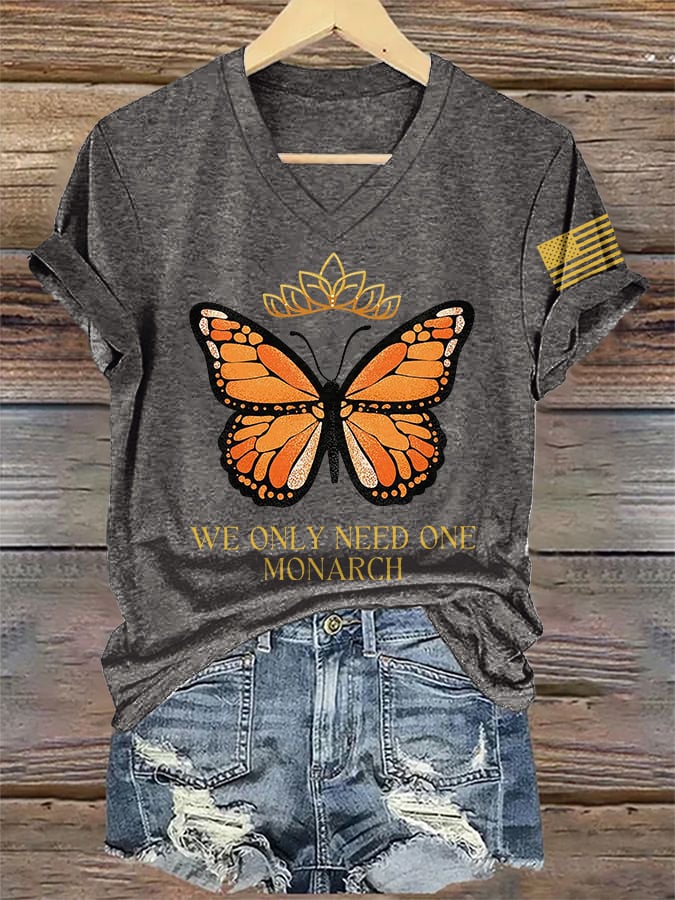 🔥Buy 3 Get 15% Off🔥V-Neck Retro No Kings We Only Need One Monarch Butterfly Print T-Shirt