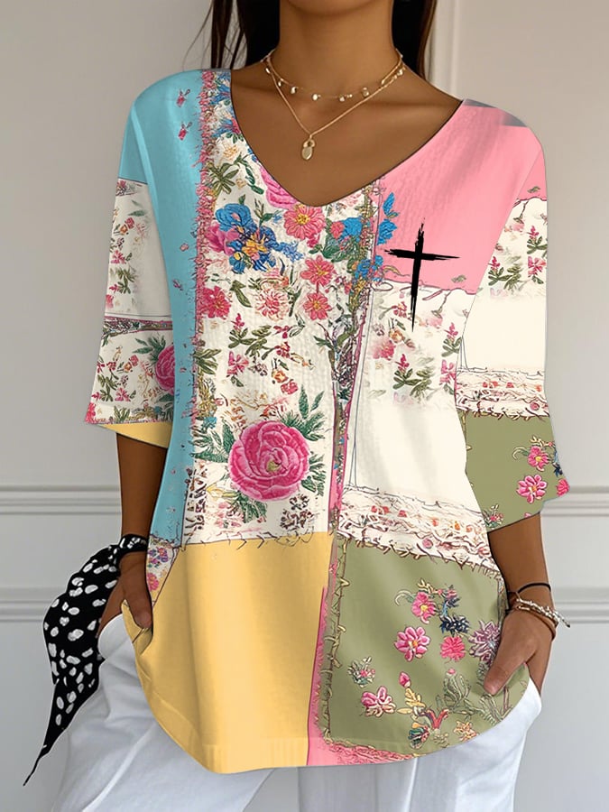 Women's Retro Breast Cancer Flowers Faith Print T-Shirt