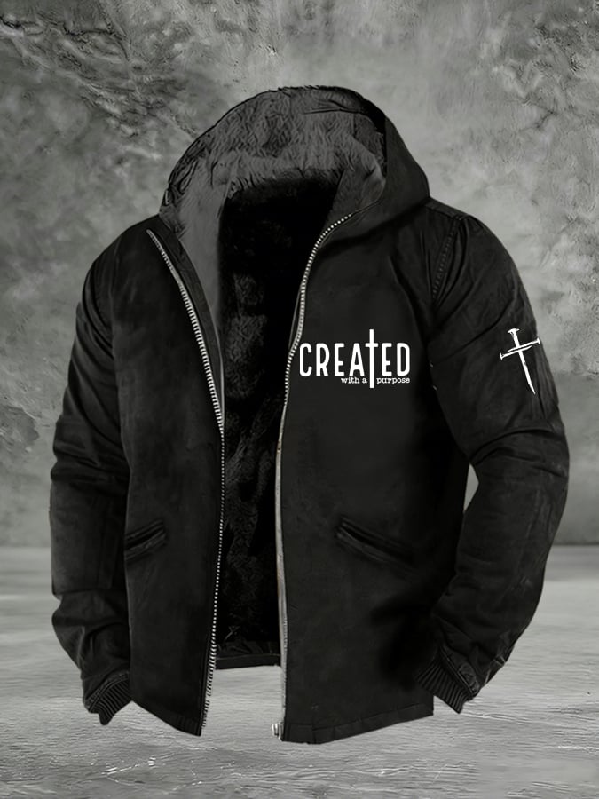 Men's Retro Faith Cross Print Zipper Fleece Jacket