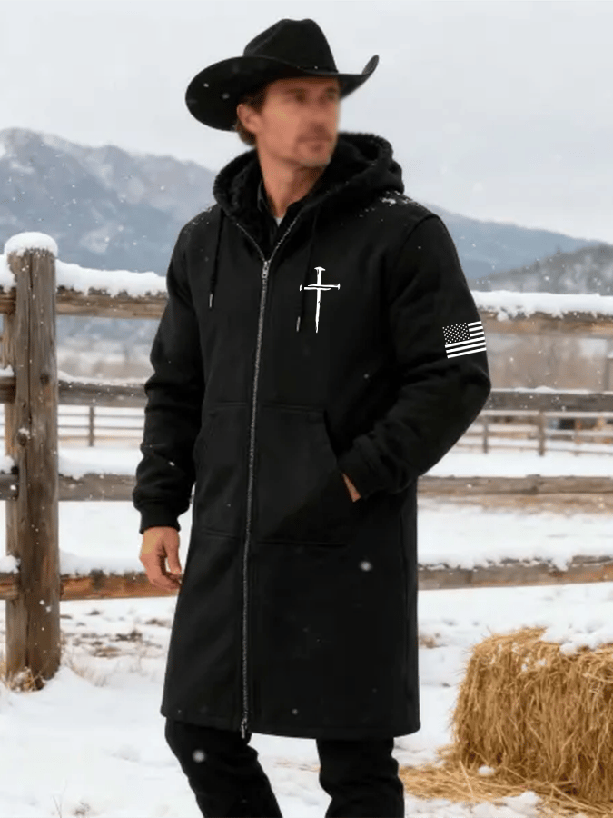 Men's Vintage Faith Fleece Pocket Full Zip Long Sleeve Hoodie Long Coat