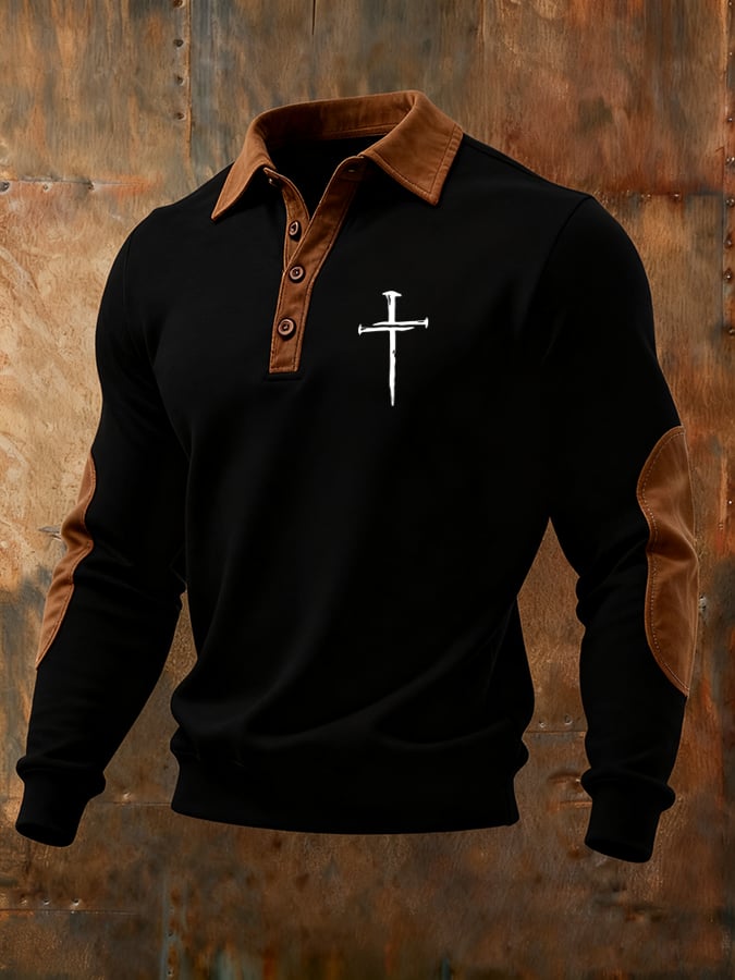 Men's Vintage Faith Cross Print Button Lapel Sweatshirt