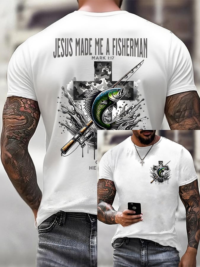 Men'S Casual Jesus Made Me A Fisherman Print T-Shirt