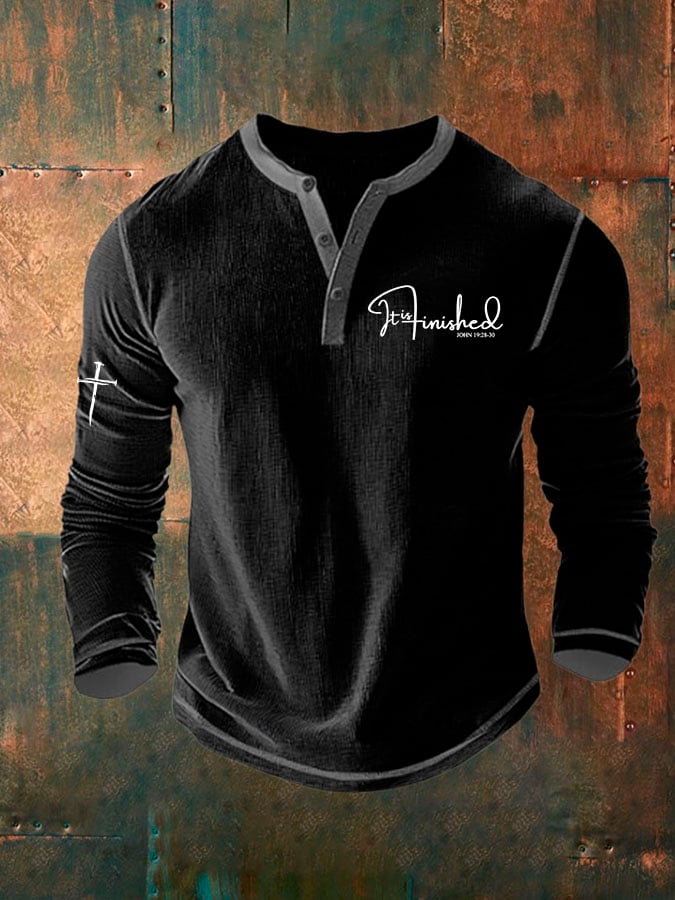 Men'S It is Finished Print Henley Collar Shirt
