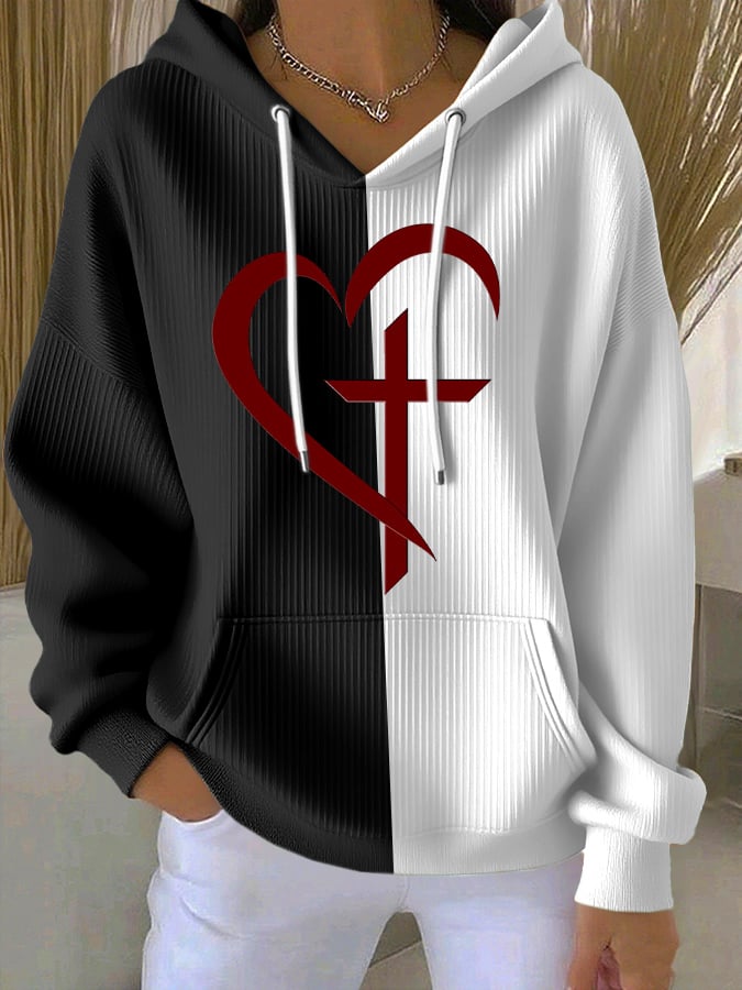 Women's Casual Contrasting Print Faith Textured Hoodie