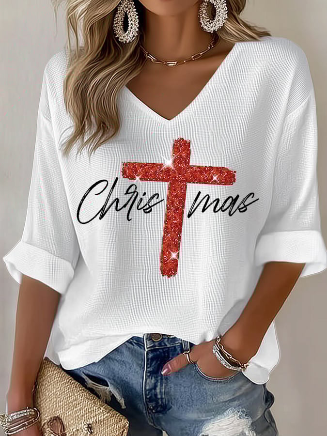 V-Neck Retro Christmas Faith Cross Print T-Shirt