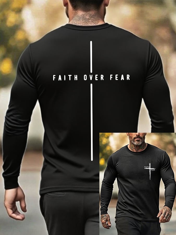 🔥Buy 3 Get 15% Off🔥Men's Retro Faith Cross "Faith Over Fear" Print Crew Neck T-Shirt