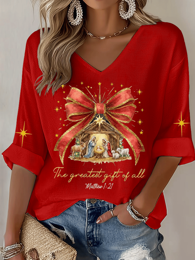 Women's Christmas Faith Print Waffle Long Sleeve T-Shirt