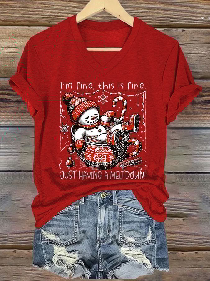 V-Neck Retro Christmas Funny Snowman Hot Cocoa I'm Fine, This Is Fine Just Having A Meltdown Print T-Shirt