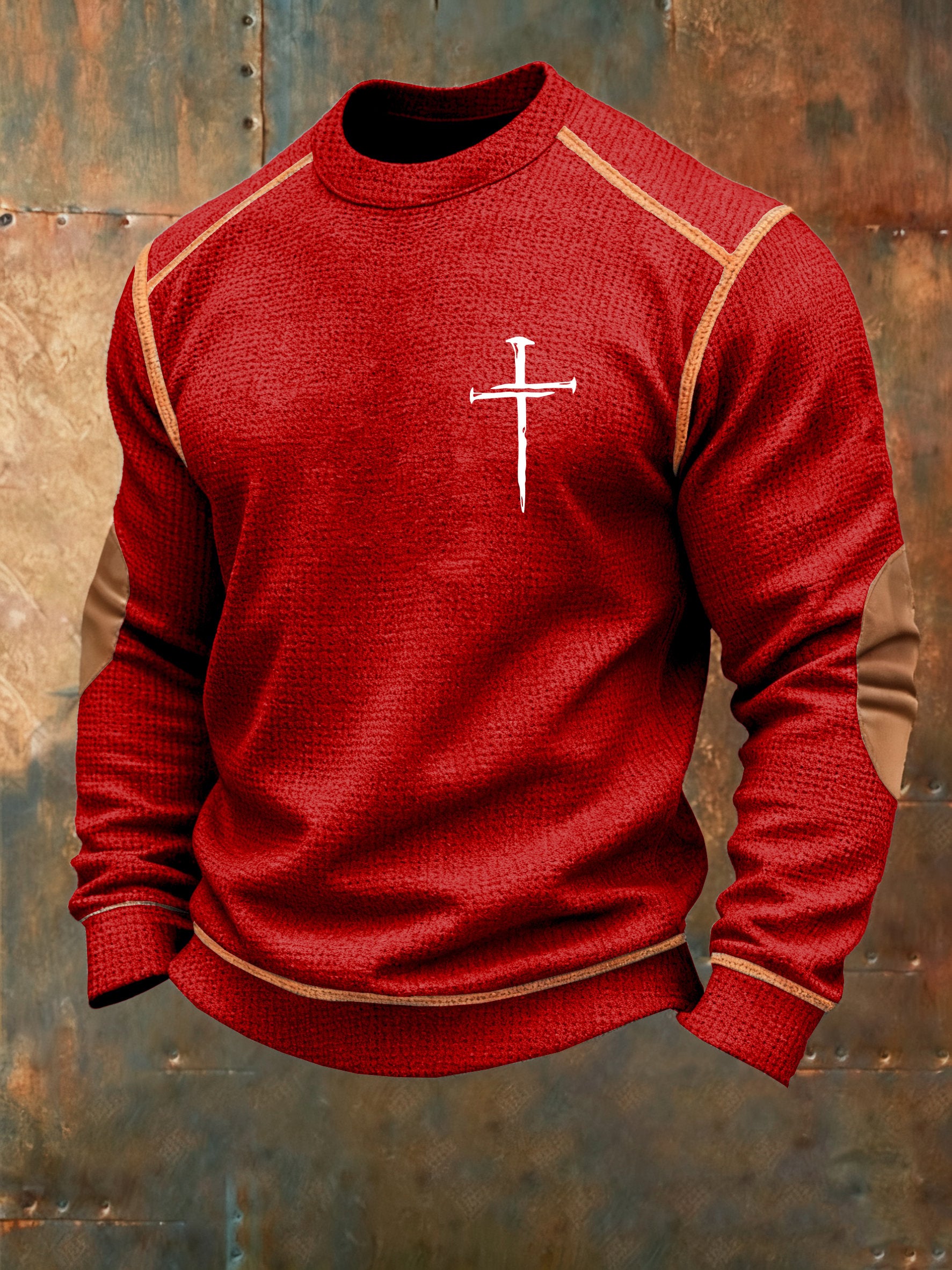Men's Vintage Faith Cross Print Waffle Crew Neck Sweatshirt