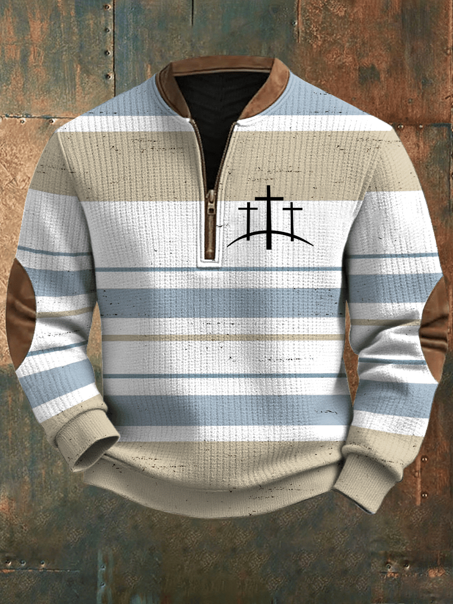 Men's Retro Faith Print Zipper Collar Knit Sweatshirt
