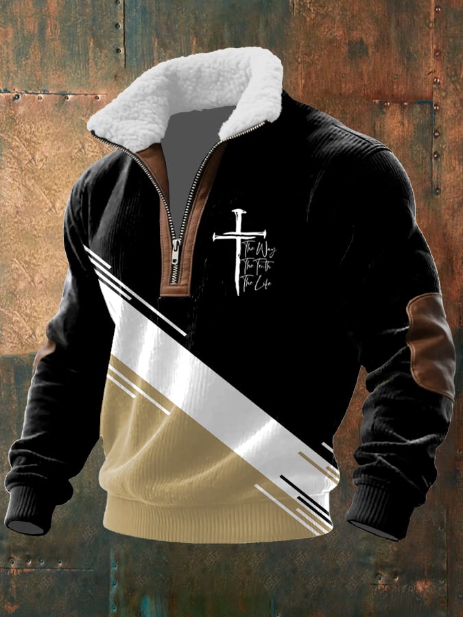 Men's Vintage Faith Design Printed Knit Fabric Zipper Fur Collar Long Sleeve Sweatshirt