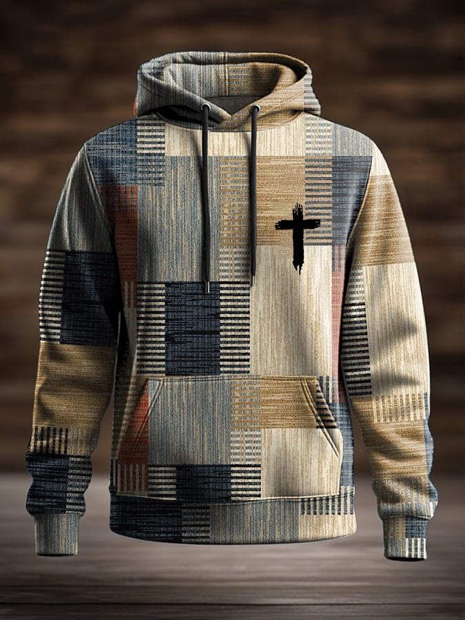 Men's Casual Retro Contrast Color Faith Hoodie