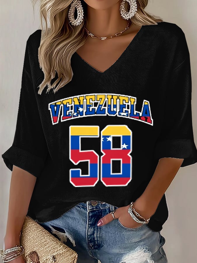 Women's Baseball Print V-Neck Top