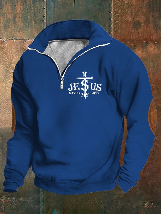 Men's Retro Faith "Jesus Saved My Life" Printed Stand Collar Zipper Sweatshirt