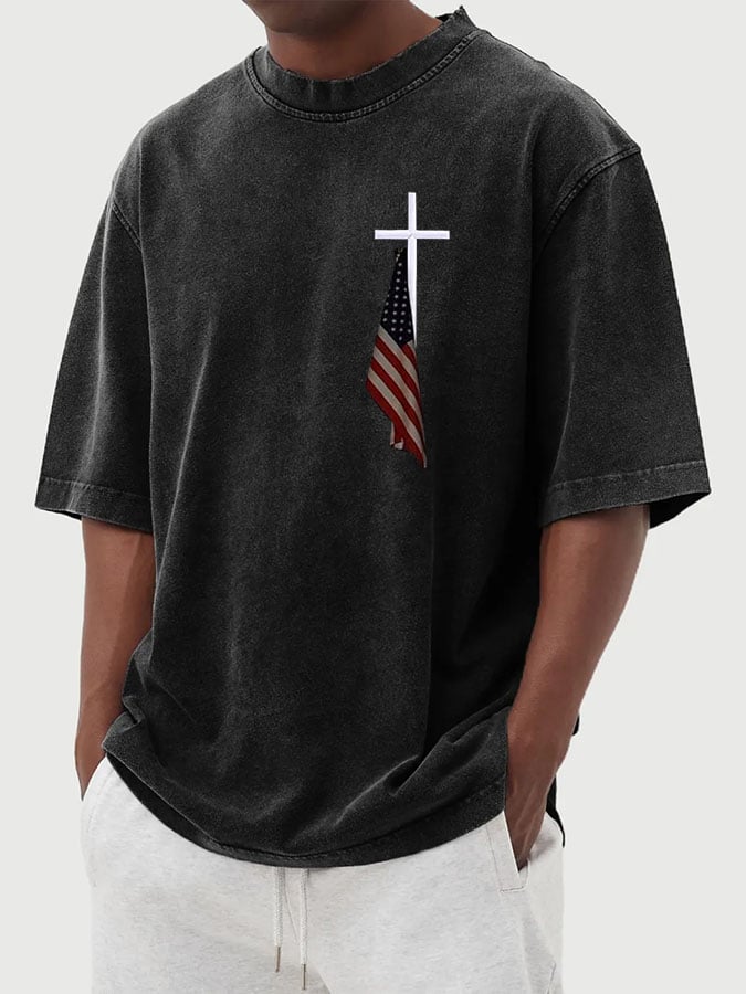 🔥Buy 3 Get 15% Off🔥Men's Vintage Flag Cross Print Cotton Washed T-Shirt