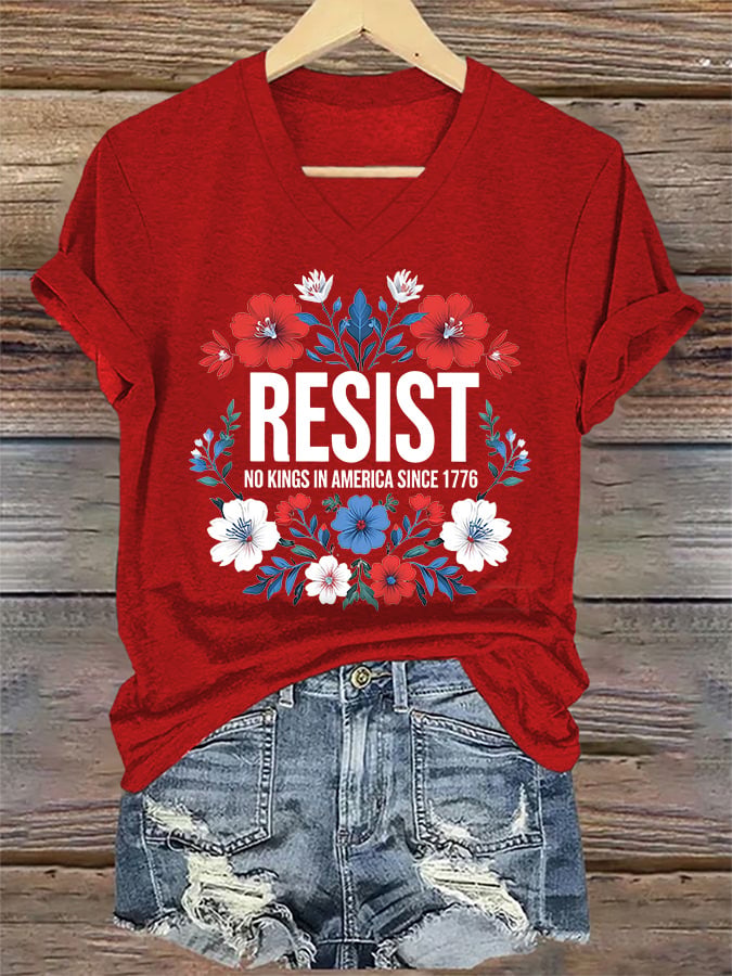 🔥Buy 3 Get 15% Off🔥V-Neck Retro Resist No Kings In America Since 1776 Print T-Shirt
